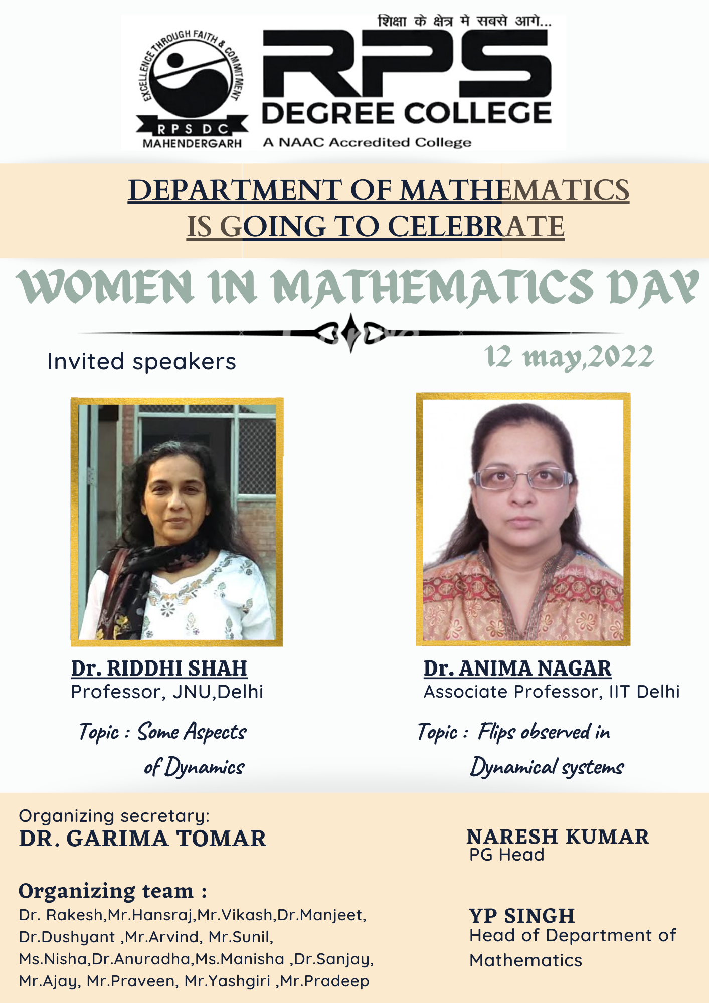 Poster of event on Women in Mathematics 2022 at RPSDC, Balana