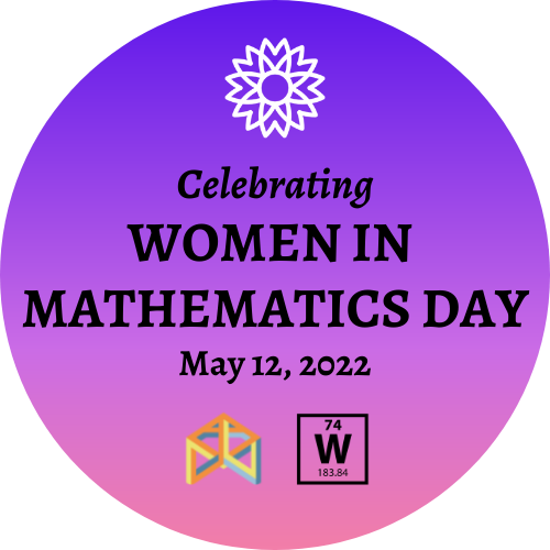 Round graphic with purple to pink gradient which says 'Women in Maths Day May 12' with the logos of the organisers at the bottom.