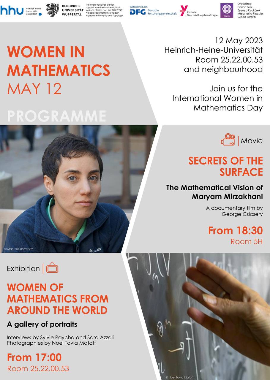 Program: EXHIBITION: Women of Mathematics from Around the World | A Gallery of Portraits in Room 25.22.00.53 from 17:00.  MOVIE: Secrets of the Surface in Room 5H  at 18:30.