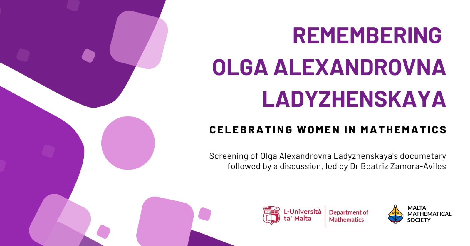 Event banner with purple decoration entitled "Remembering Olga Alexandrovna Ladyzhenskaya", subtitled "Celebrating Women in Mathematics"