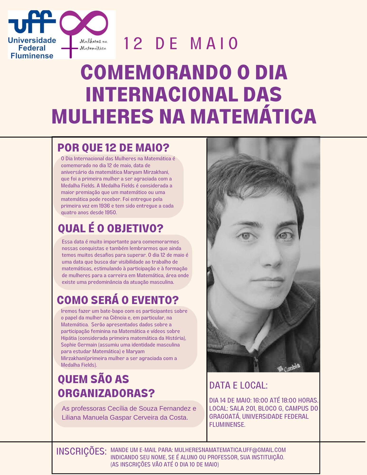 Text with the descrition of the event and a picture of Maryam Mirzakhani