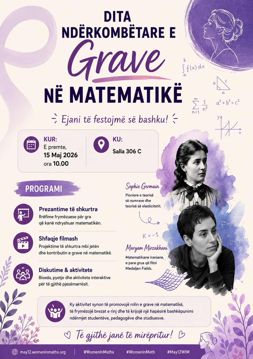 Poster for International Women in Mathematics Day featuring event details, program activities, and images of Sophie Germain and Maryam Mirzakhani, scheduled for 15 May 2026 in Room 306C.