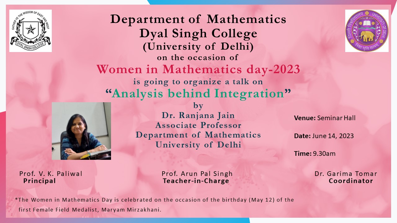 Poster of event on Women in Mathematics 2023 at Dyal Singh College