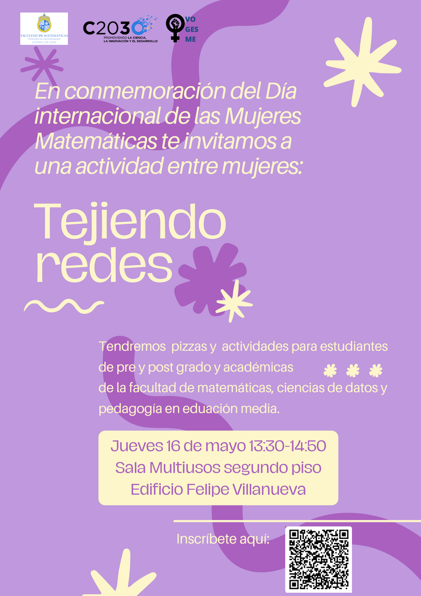 Afiche de evento demorado. En el centro título "En Conmemoración del Día Internacional de las Mujeres en Matemáticas, Tejiendo Redes"