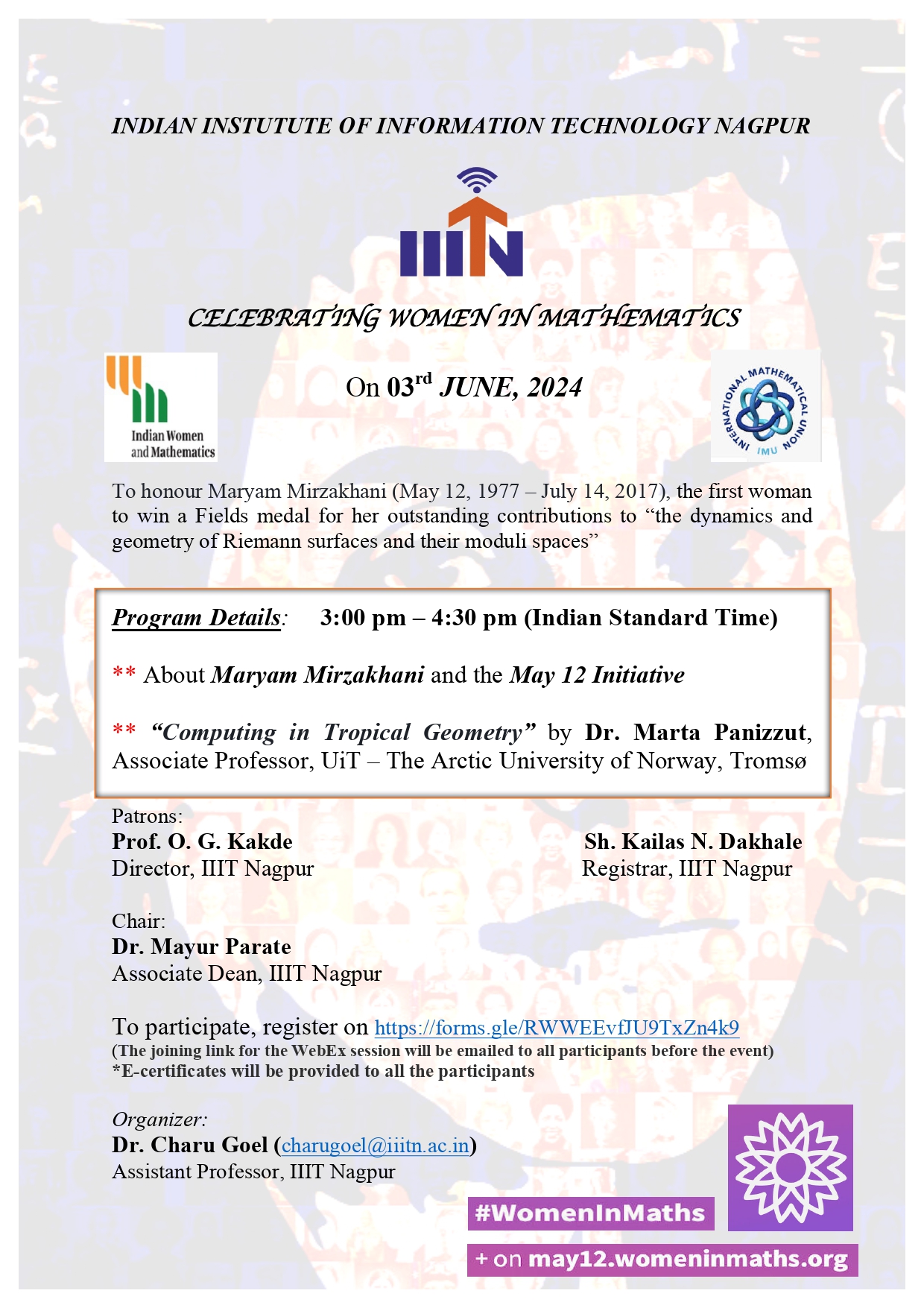 Poster of Webinar Celebrating Women in Maths at IIIT Nagpur on 03rd June' 2024