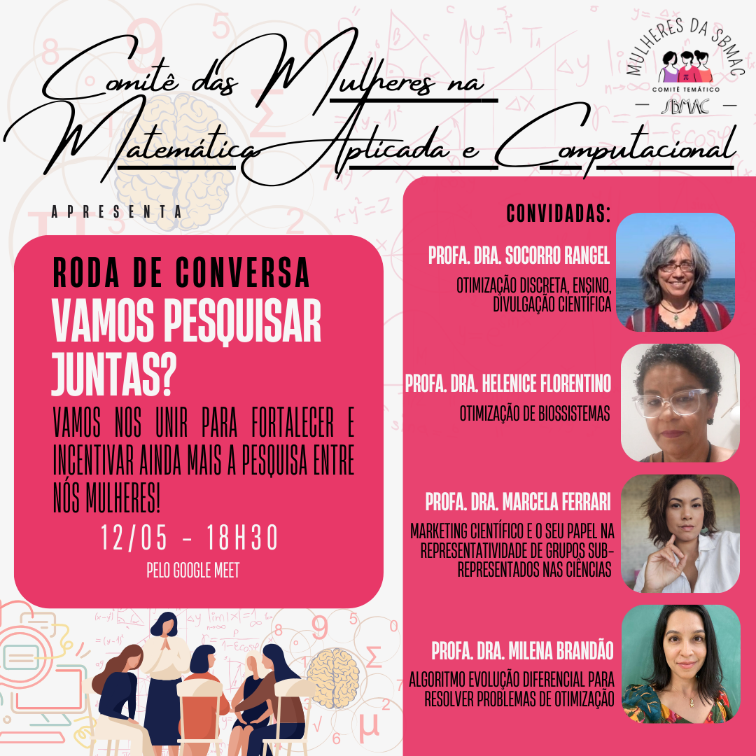 Cartaz de divulgação de um evento promovido pelo "Comitê das Mulheres na Matemática Aplicada e Computacional", com o tema "Roda de Conversa: Vamos Pesquisar Juntas?". O objetivo é incentivar e fortalecer a pesquisa entre mulheres. O evento acontecerá no dia 12/05 às 18h30, via Google Meet. À direita, há uma lista de convidadas com suas fotos e áreas de atuação.