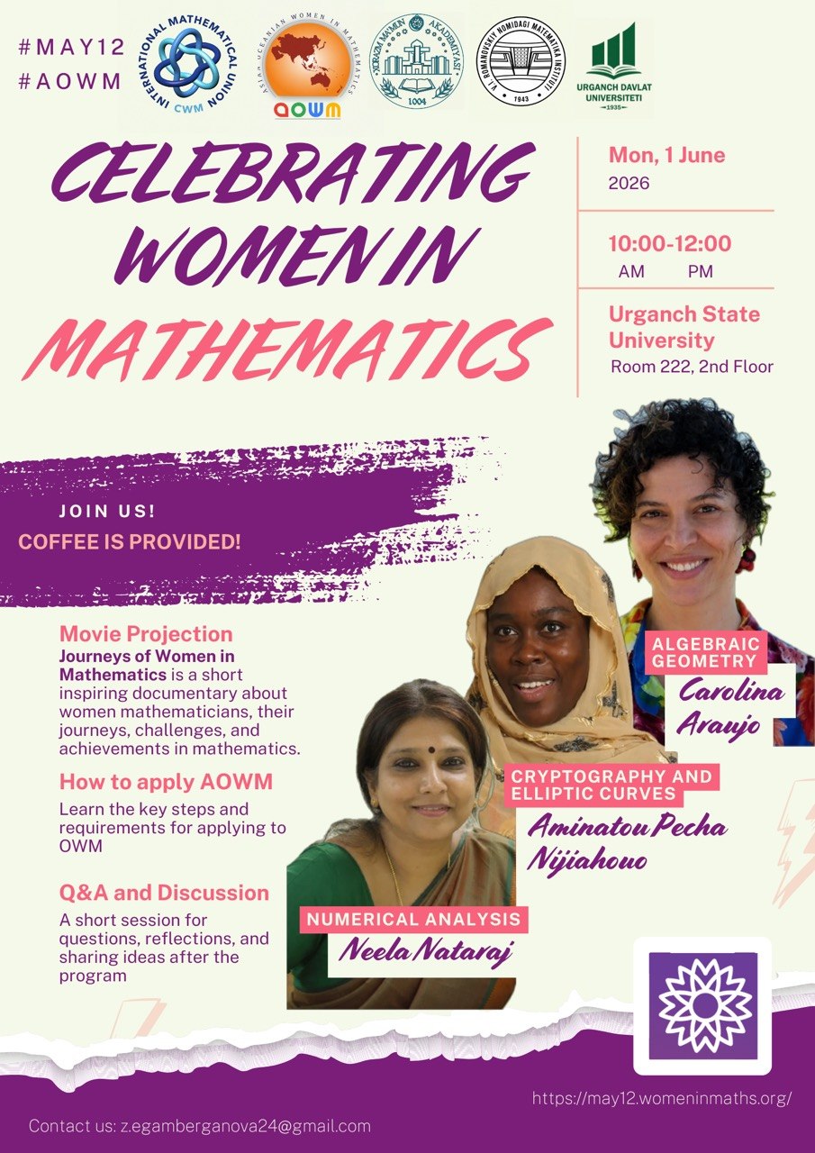 Poster for the “Celebrating Women in Mathematics” event at Urganch State University on 1 June 2026, 10 am, room 222, floor 2 